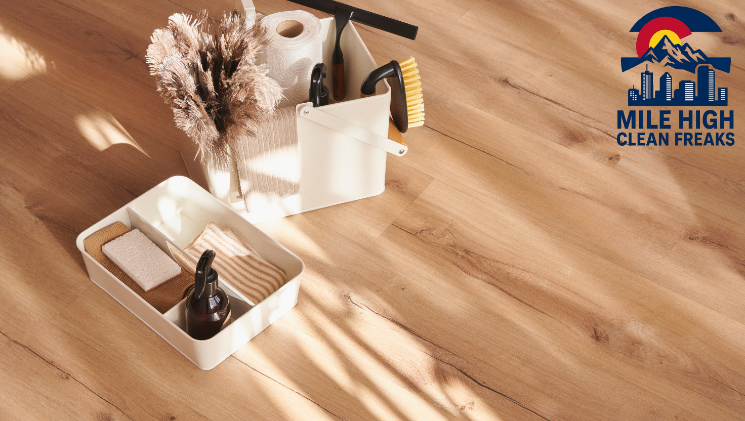 Cleaning supplies on hardwood floor